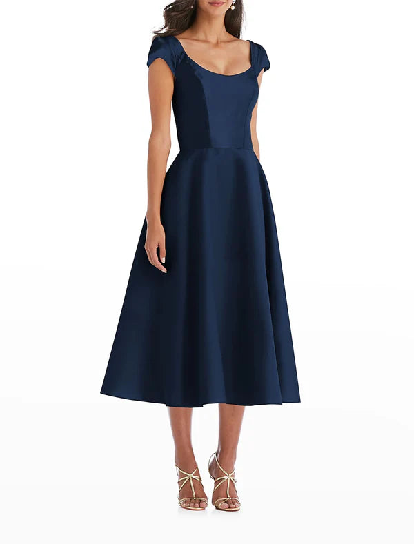 Luolandi A-Line Cocktail Dresses Elegant Dress Wedding Guest Engagement Tea Length Short Sleeve Scoop Neck Italy Satin with Draping Party Dress